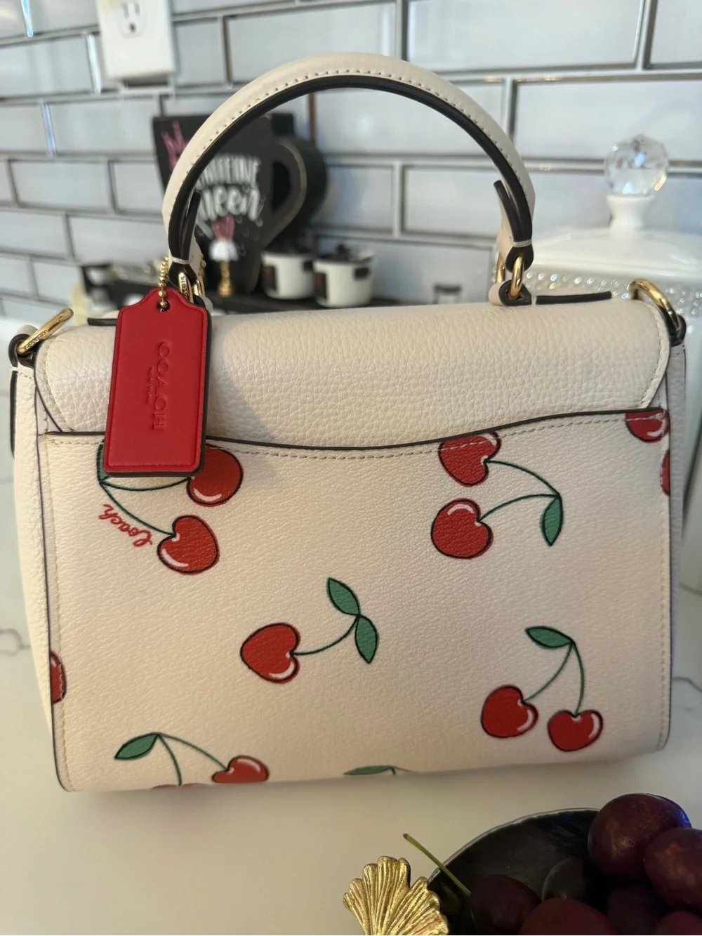 Coach White Leather Top Handle Bag with Cherry Print